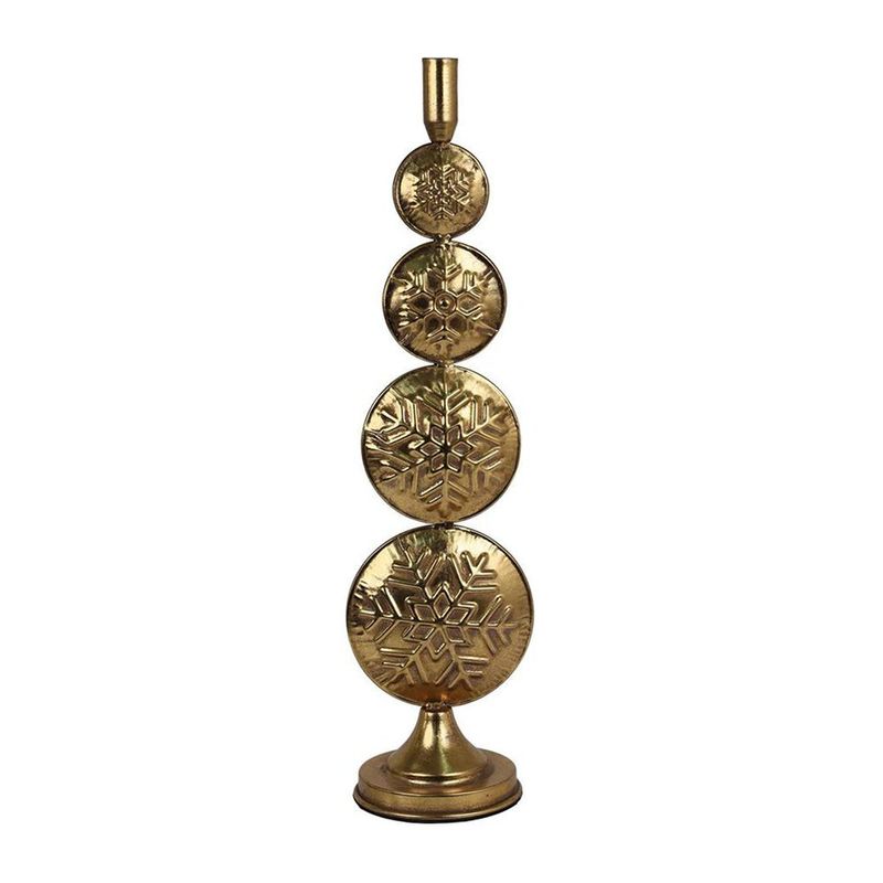 Portavelas Decorativo de Metal Dorado con Diseño de Copos de Nieve