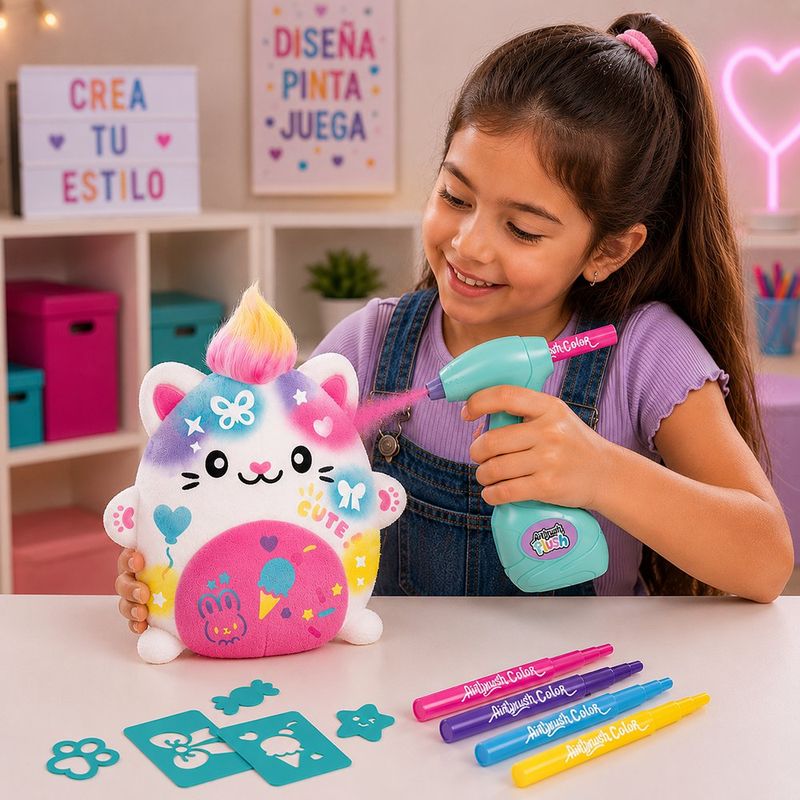 Peluche con Aerógrafo Gatito Kawaii Personalizable Color Blanco y Rosado