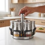 Set de 6 Especieros de Vidrio con Base Giratoria de Acero Inoxidable