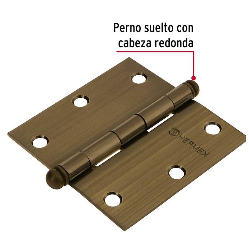 Bisagra Cuadrada de Acero Latón Antiguo 3.5 plg con Cabeza Redonda para Puertas y Muebles