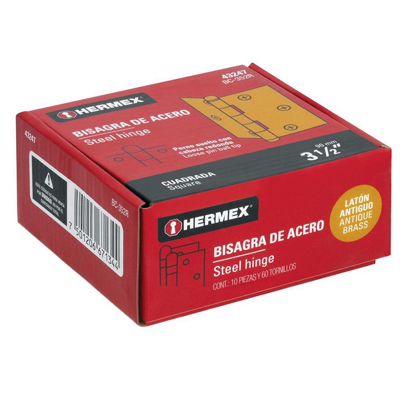 Bisagra Cuadrada de Acero Latón Antiguo 3.5 plg con Cabeza Redonda para Puertas y Muebles