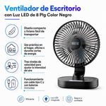 Ventilador Inalámbrico de Escritorio Recargable con Luz LED de 8 Plg Color Negro