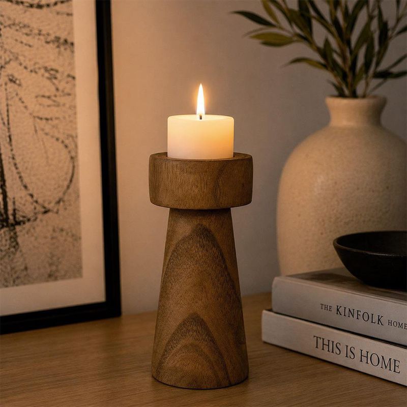 Porta Vela de Madera con Diseño de Alto Color Natural de 20 Cm