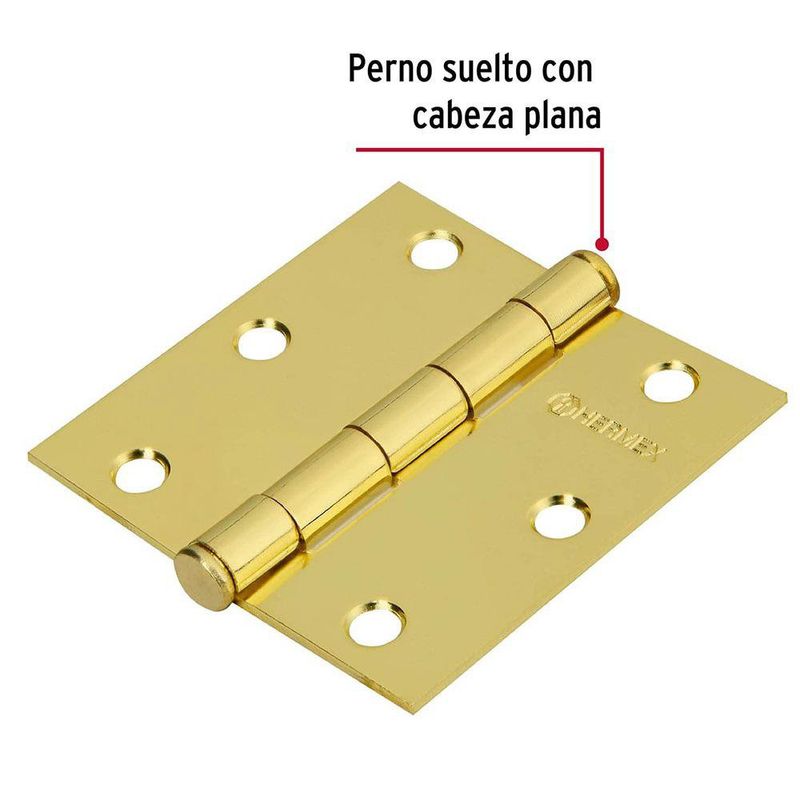 Bisagra Cuadrada de Acero Latonado 3 plg con Cabeza Plana para Puertas y Muebles