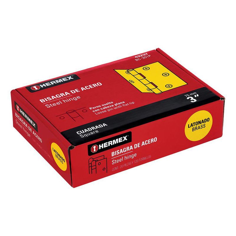 Bisagra Cuadrada de Acero Latonado 3 plg con Cabeza Plana para Puertas y Muebles