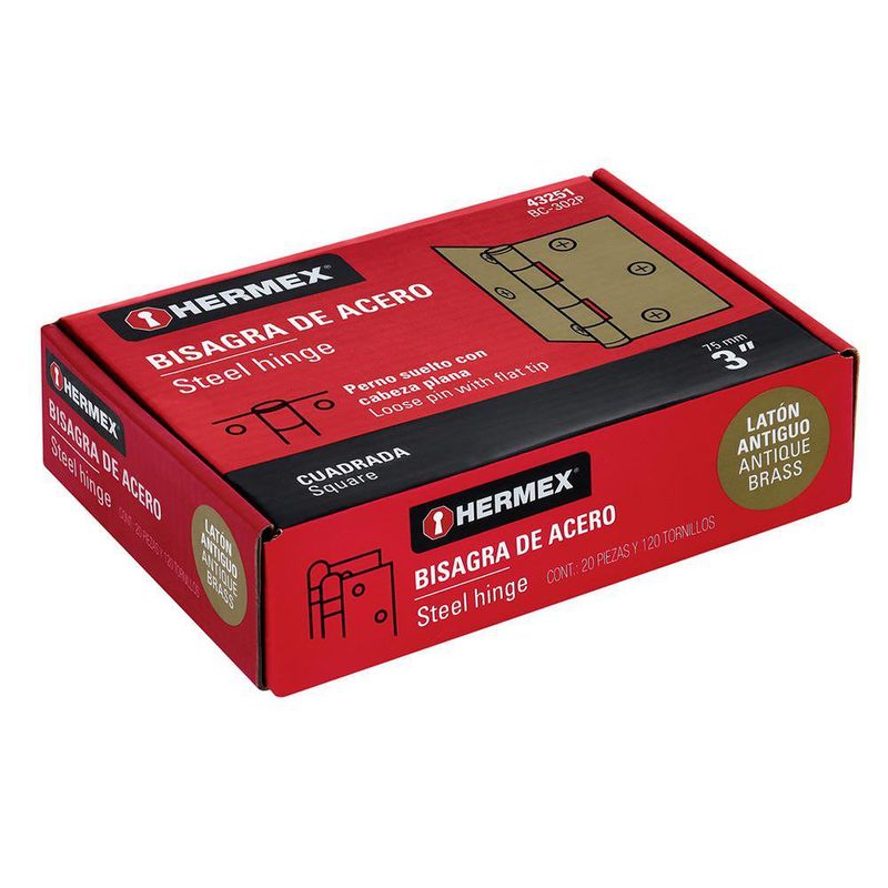 Bisagra Cuadrada de Acero Latón Antiguo 3 plg con Cabeza Plana para Puertas y Muebles