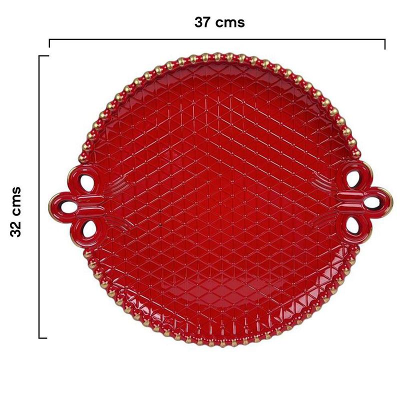 Plato Base Decorativo con Asas Relieve Geométrico 37 x 32 cm Rojo