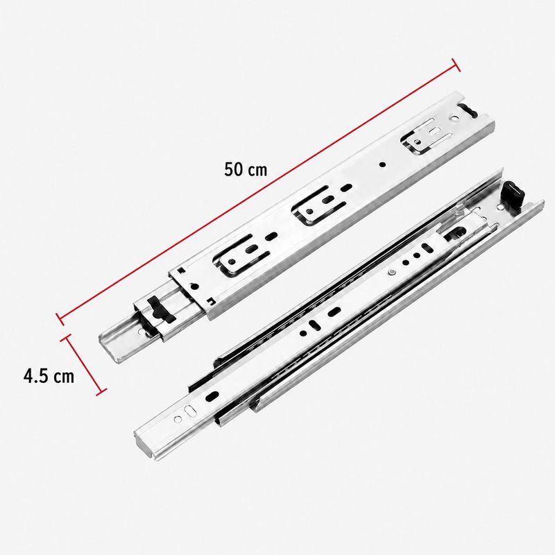 Correderas de Acero Niquelado con Balines para Cajón Extensión Total 50 cm Ancho 4.5 cm