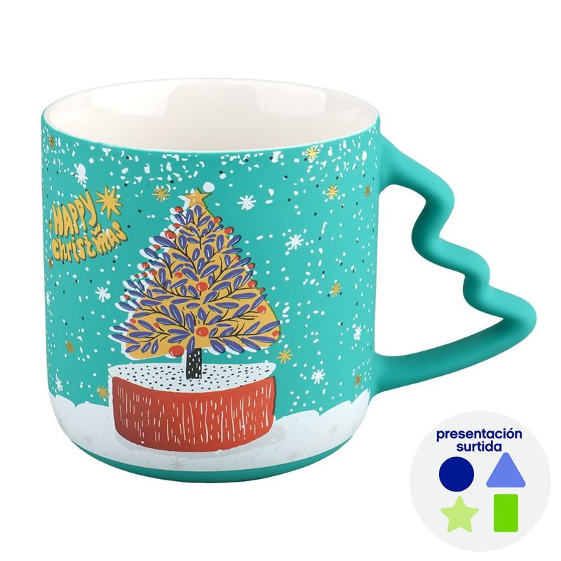 Taza Navideña con Asa en Forma de Árbol 12.8 Oz - Diseños Surtidos