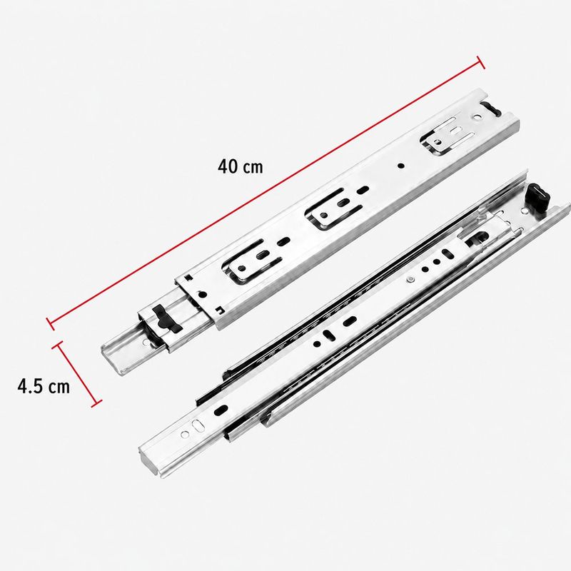 Correderas de Acero Niquelado con Balines para Cajón Extensión Total 40 cm Ancho 4.5 cm
