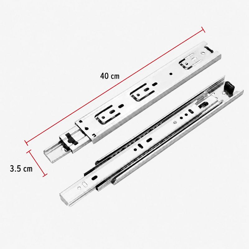 Correderas de Acero Niquelado con Balines para Cajón Extensión Total 40 cm Ancho 3.5 cm
