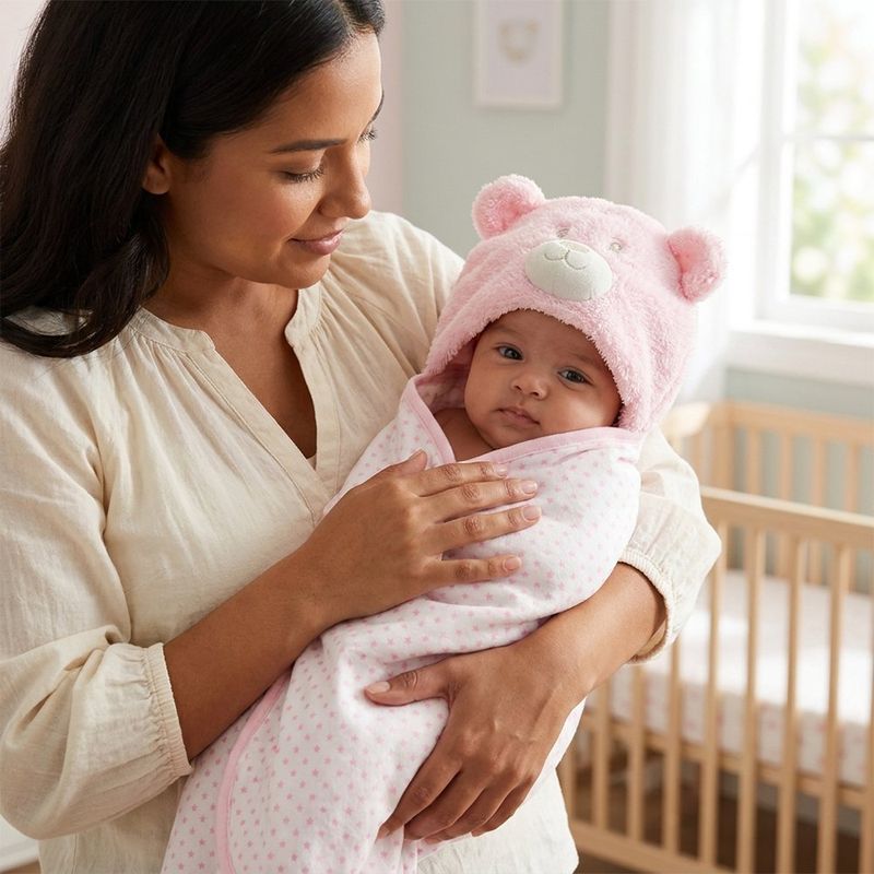 Bata de Baño Infantil Rosada con Capucha de Oso, Moño y Estrellas