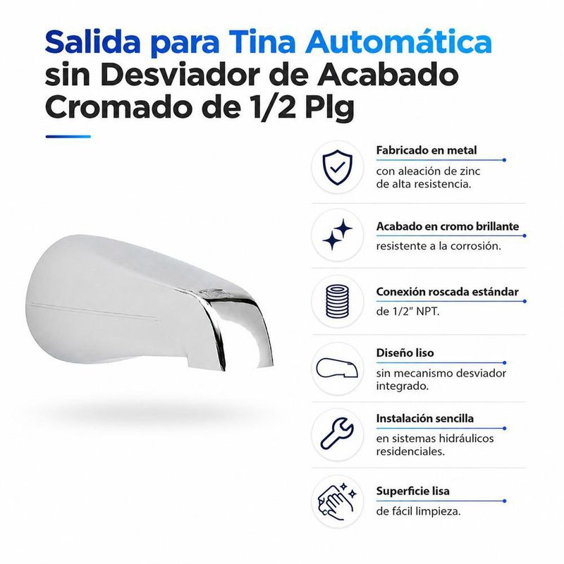 Salida para Tina Automática sin Desviador de Acabado Cromado de 1/2 Plg