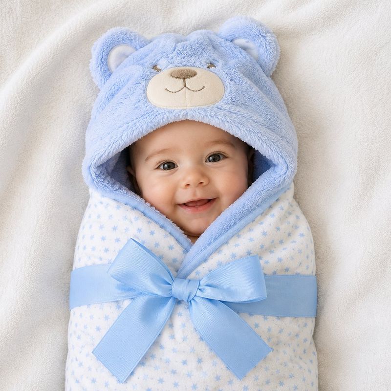 Bata de Baño Infantil Celeste con Capucha de Oso, Moño y Estrellas