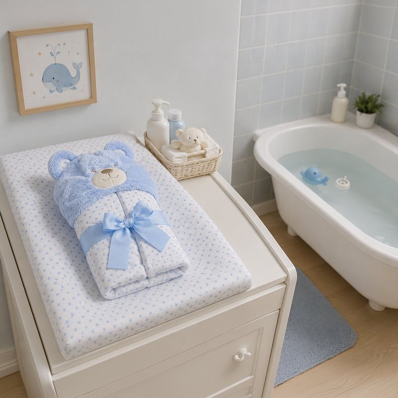 Bata de Baño Infantil Celeste con Capucha de Oso, Moño y Estrellas
