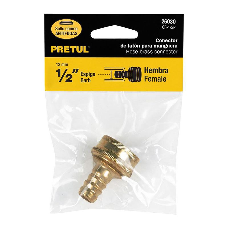 Conector Sencillo de Latón para Manguera 1/2 Plg Hembra con Sello Antifugas