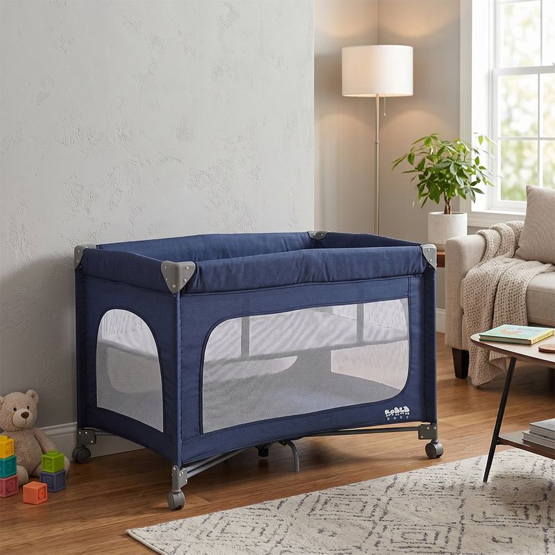 Corral Plegable de 2 Niveles Azul con Laterales de Malla y Ruedas con Freno