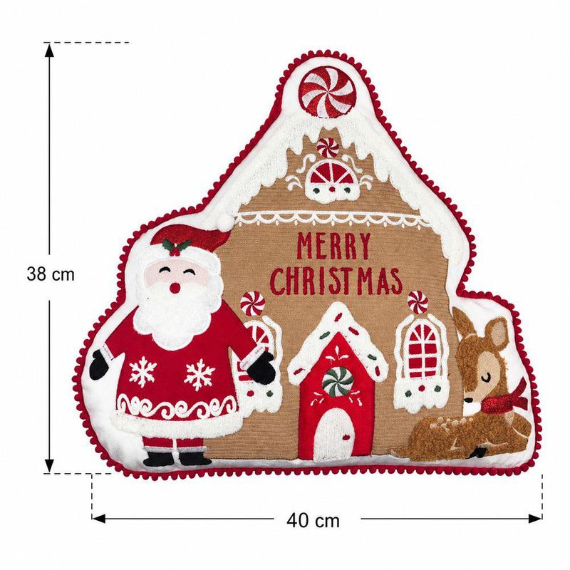 Cojín Navideño Casa de Jengibre con Santa y Reno Rojo 38 x 40 cm