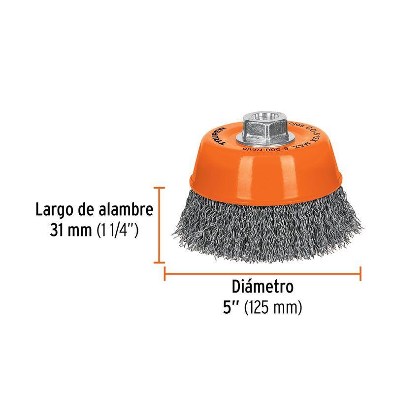 Carda de Copa de Alambre Ondulado 5 Plg con Rosca 5/8-11 para Esmeril