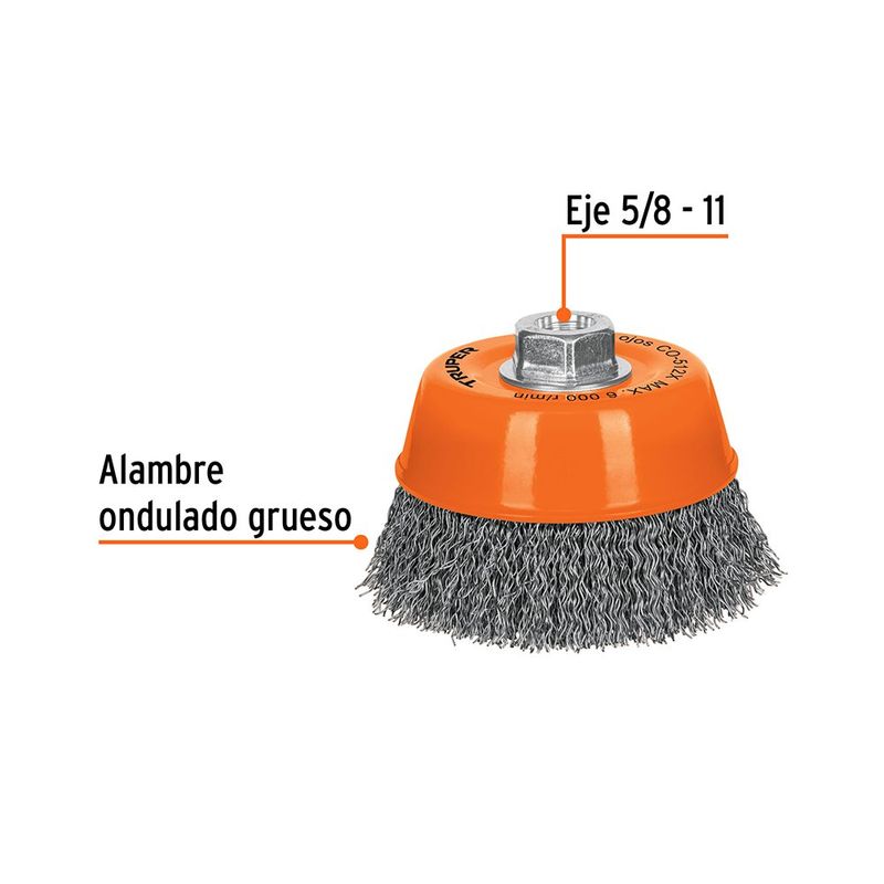 Carda de Copa de Alambre Ondulado 5 Plg con Rosca 5/8-11 para Esmeril