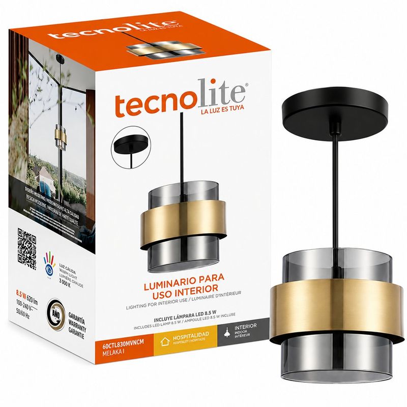 Lámpara Colgante Tipo Tambor de Cristal Humo Dorada y Negra Base E27 60W 1.70 m