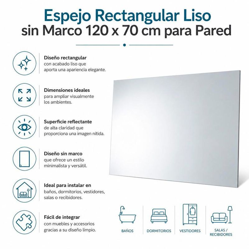 Espejo Rectangular Liso sin Marco 120 x 70 cm para Pared