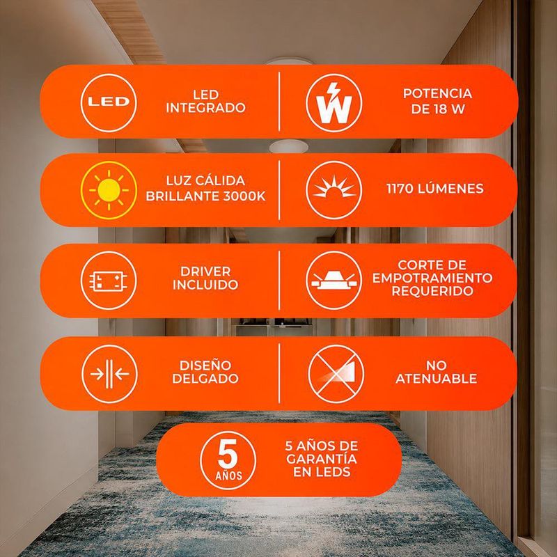 Panel LED Circular Empotrable de 18W con Luz Cálida para Techo