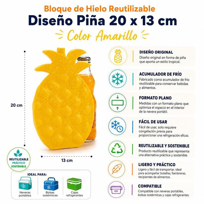 Bloque de Hielo Reutilizable Diseño Piña 20 x 13 cm Color Amarillo