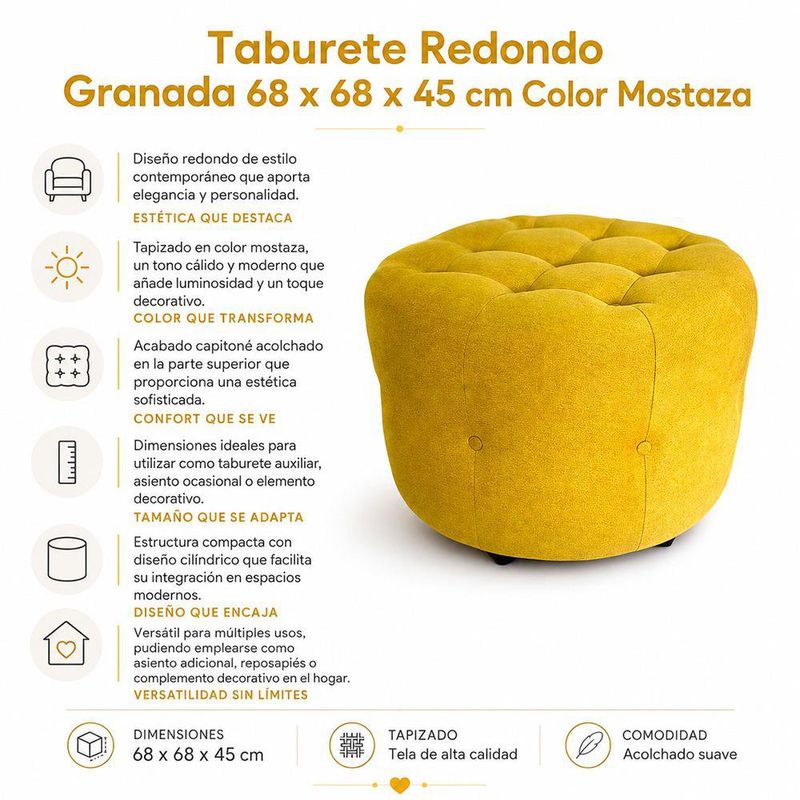 Taburete Redondo Granada 68 x 68 x 45 cm Color Mostaza
