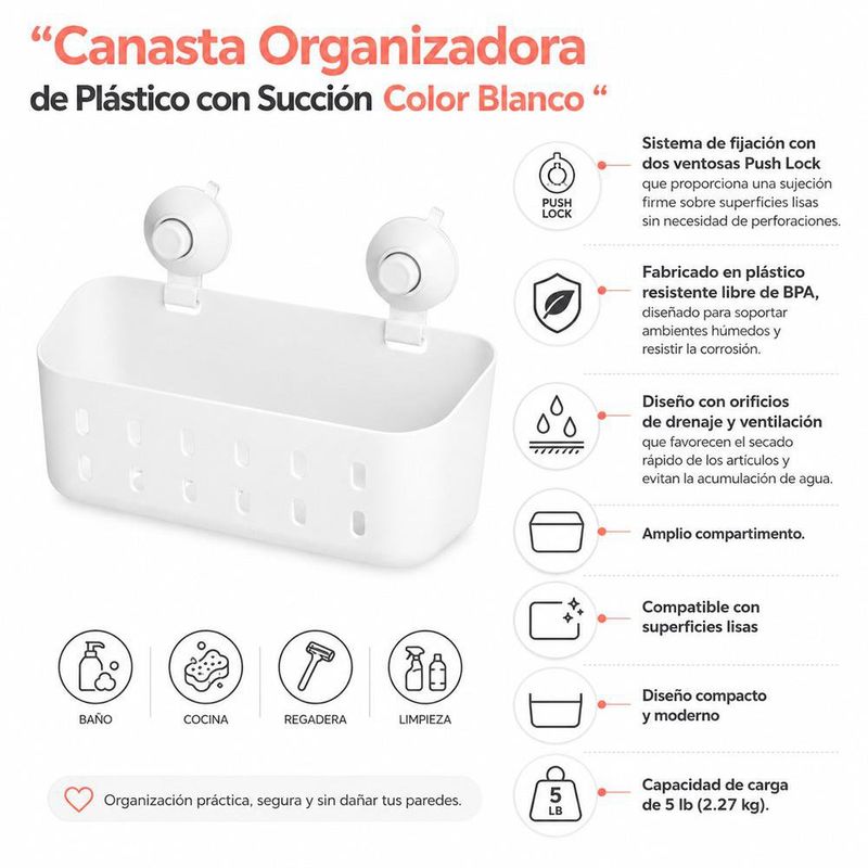 Canasta Organizadora de Plástico con Succión Color Blanco