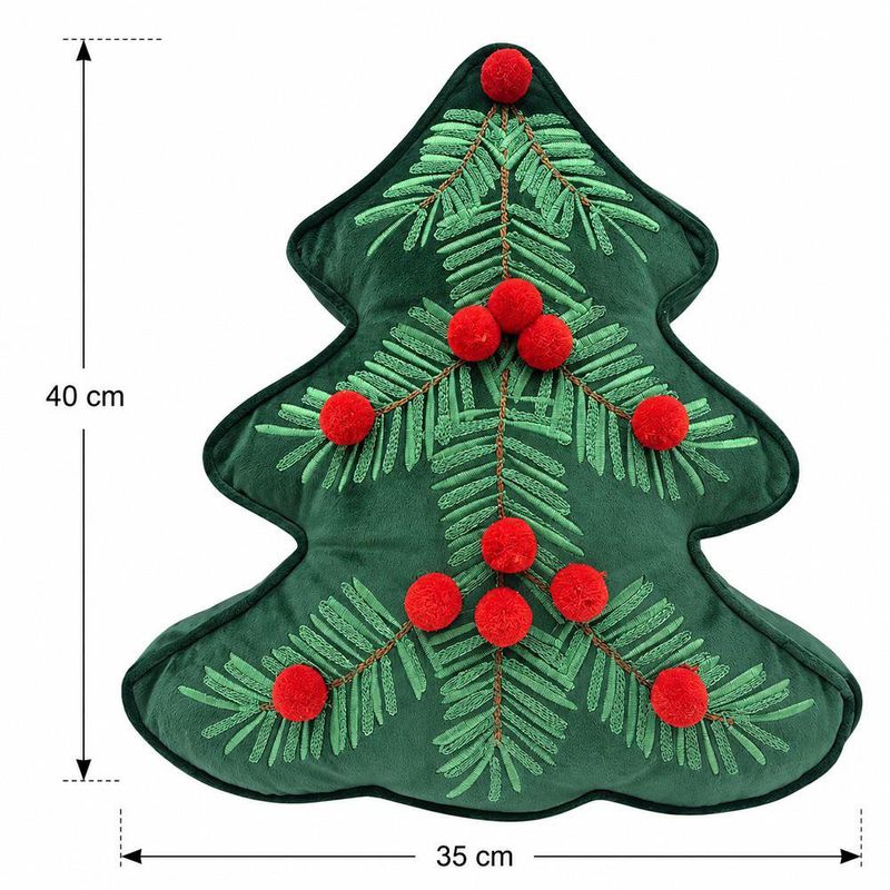 Cojín Decorativo Árbol de Navidad Verde con Pompones Rojos 35 x 40 cm