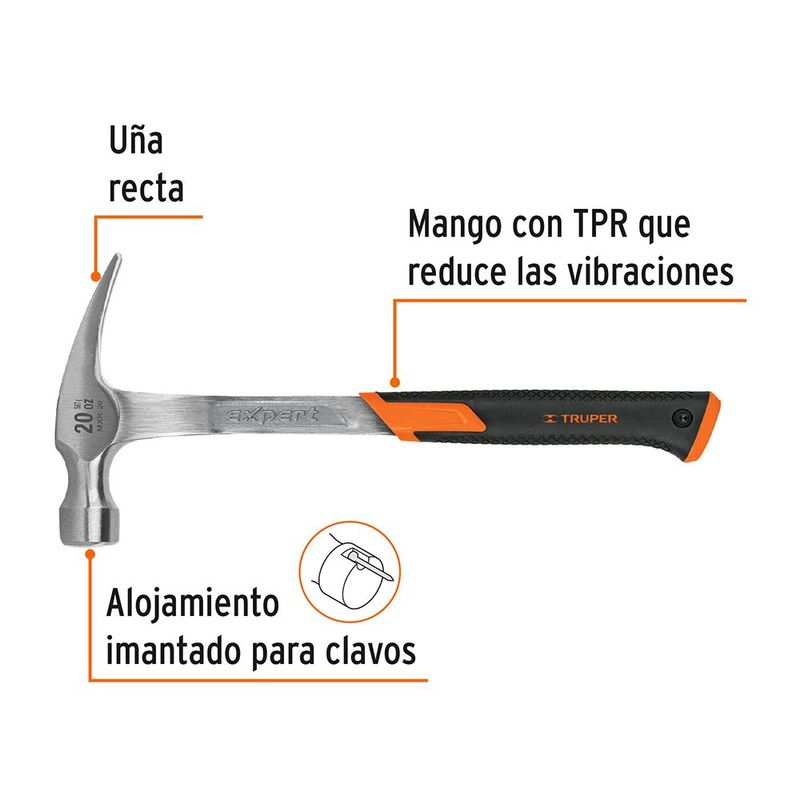 Martillo Forjado de Uña Recta 20 oz con Mango Antivibración de Neopreno