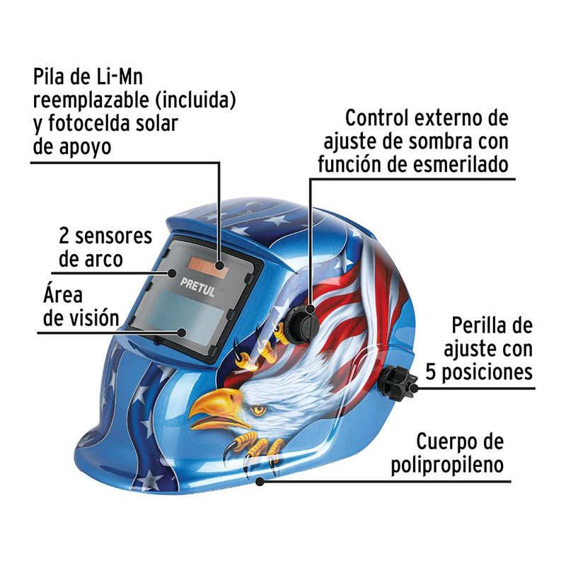Careta Electrónica para Soldar Sombra 9-13 Diseño Águila con True Color Azul