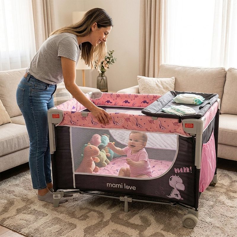 Corral Plegable Madison con Cambiador, Mosquitero y Ruedas Rosado y Negro