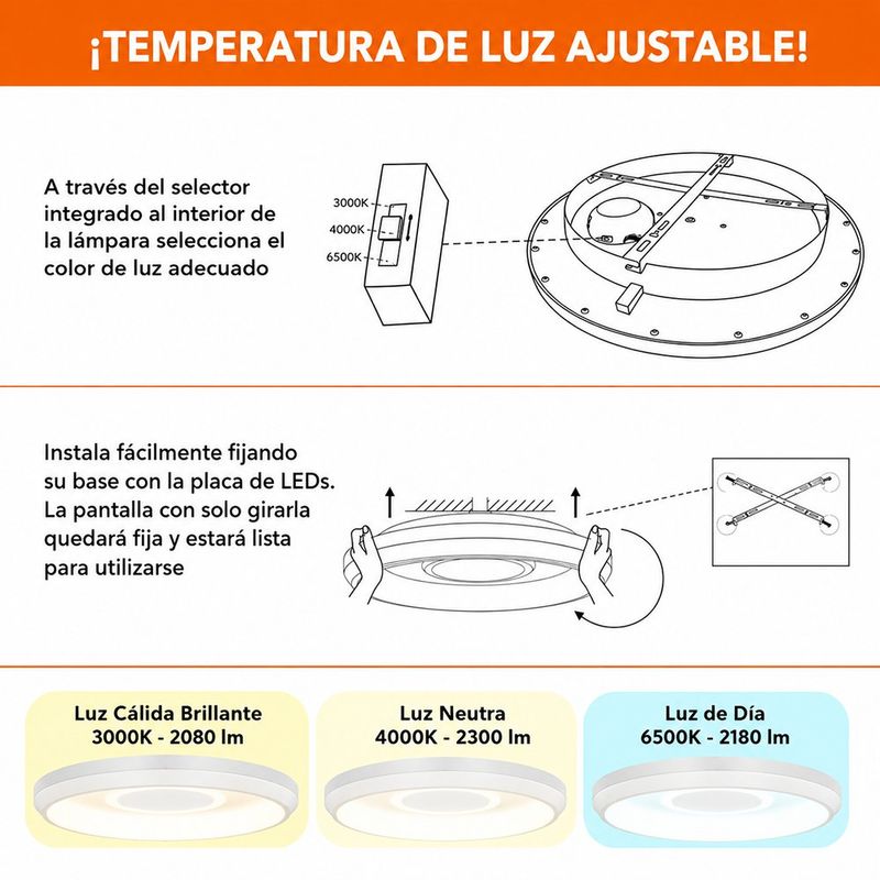 Plafón de Techo LED de Sobreponer Luz Blanca Ajustable Blanco 36W 485 mm 2300 lm