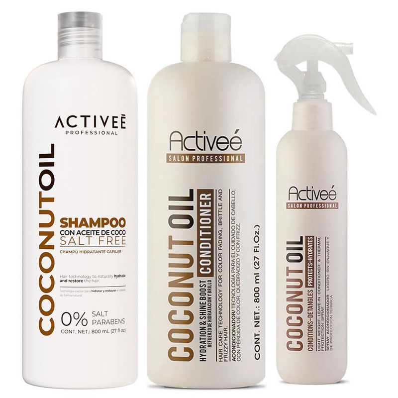Set de Shampoo, Acondicionador y Spray Antifrizz con Aceite de Coco Hidratante sin Sal 3 Piezas