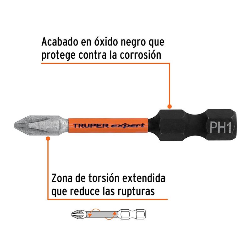 Set de 5 Puntas de Impacto Phillips PH1 de Acero S5 con Zanco 1/4 Plg