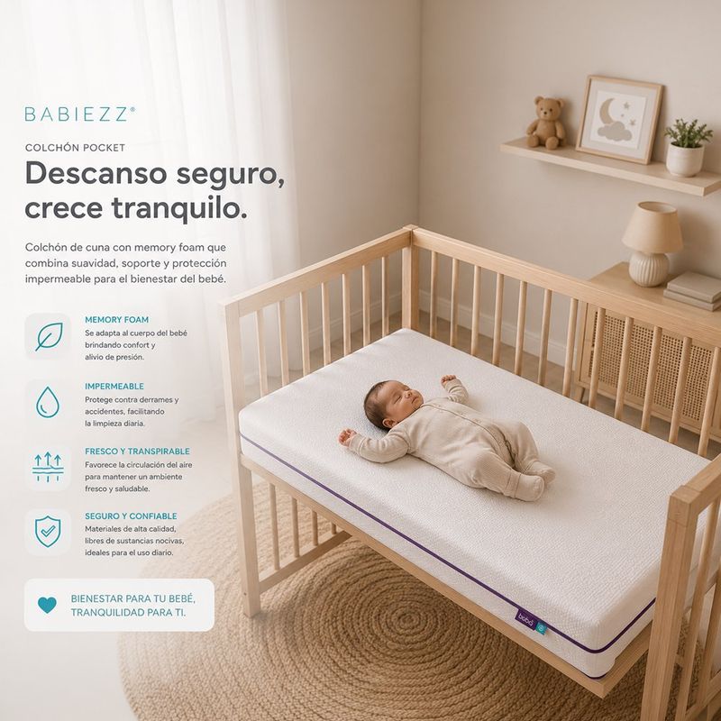 Colchón de Cuna Pocket Impermeable con Capa de Memory Foam de 70.5 x 128.5 cm