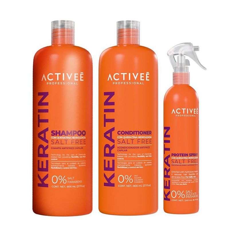 Set de Shampoo, Acondicionador y Spray Antifrizz de Keratina sin Sal 3 Piezas