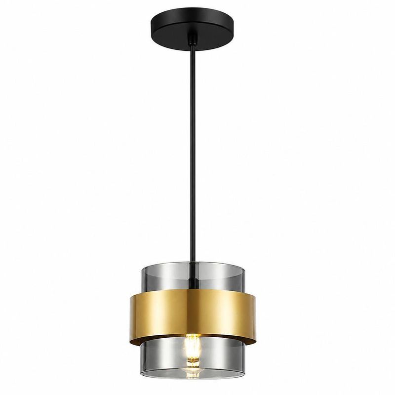 Lámpara Colgante Tipo Tambor de Cristal Humo Dorada y Negra Base E27 60W 1.70 m