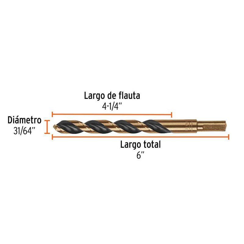 Broca HSS 31/64 Plg para Metal, Madera y Plástico con Zanco P3 Reducido, 5 Unidades
