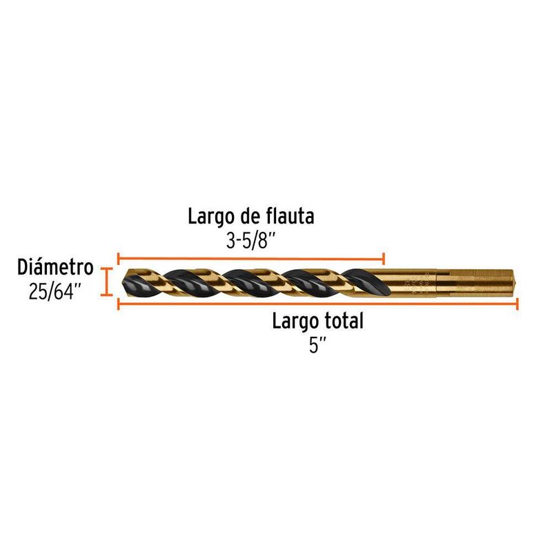 Broca HSS 25/64 Plg para Metal, Madera y Plástico con Zanco P3 Reducido, 5 Unidades