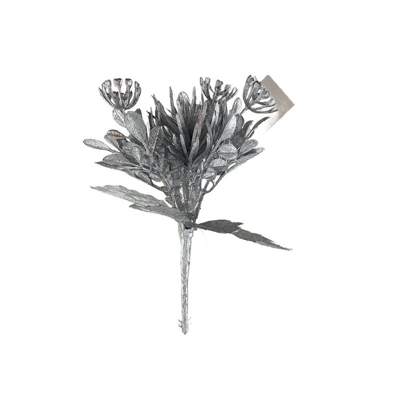 Ramo Decorativo Plateado con Flores y Follaje Escarchado 20 cm