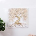 Cuadro en Canvas Árbol con Raíces en Relieve 80 x 80 cm Color Beige y Dorado