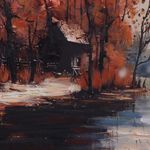 Cuadro en Canvas Paisaje con Lago y Árboles 90 x 120 cm Color Naranja y Beige