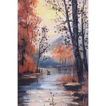 Cuadro en Canvas Paisaje con Lago y Árboles 90 x 120 cm Color Naranja y Beige
