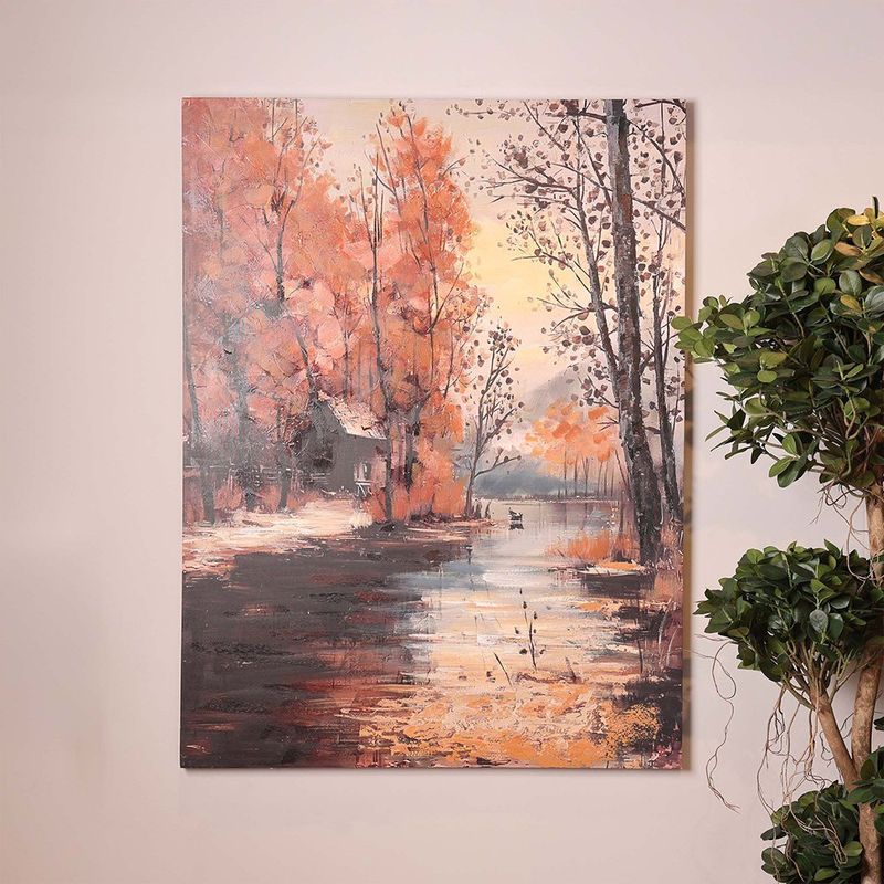Cuadro en Canvas Paisaje con Lago y Árboles 90 x 120 cm Color Naranja y Beige