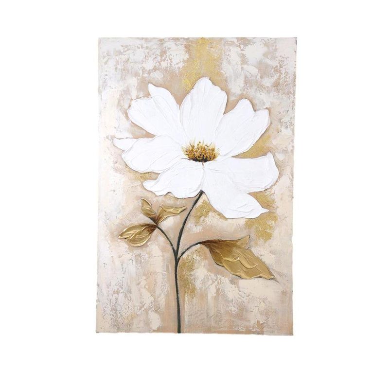 Cuadro en Canvas Flor Blanca con Relieve 80 x 120 cm Color Blanco y Dorado