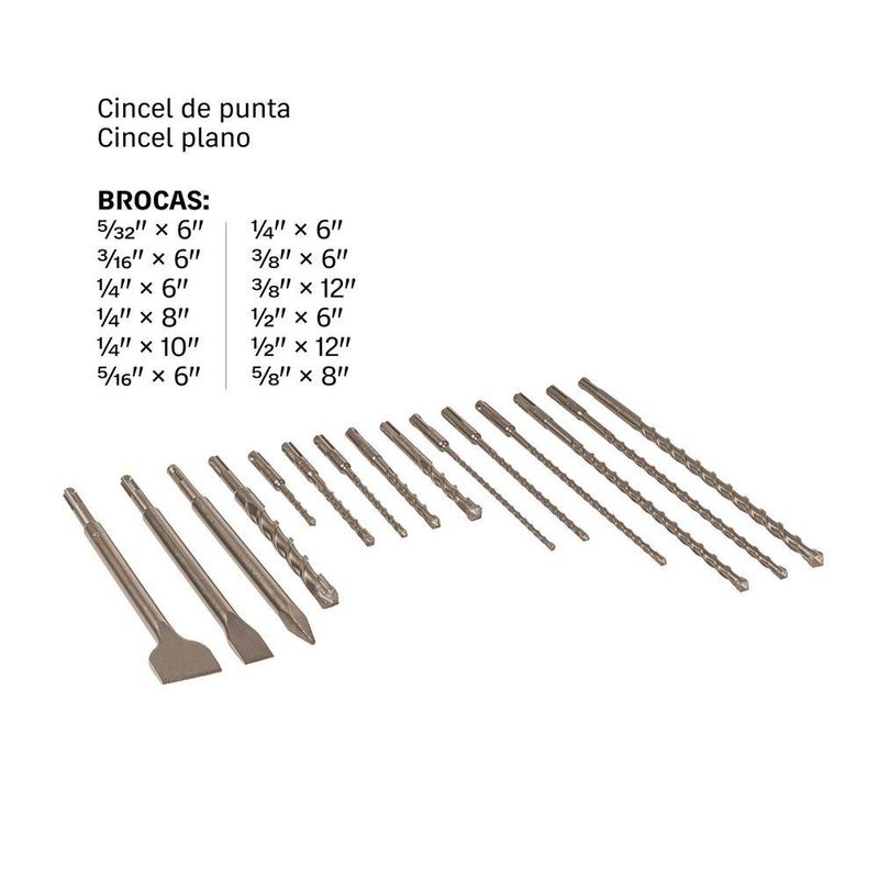 Juego de Brocas y Cinceles SDS Plus para Concreto y Ladrillo en Estuche, 15 Piezas