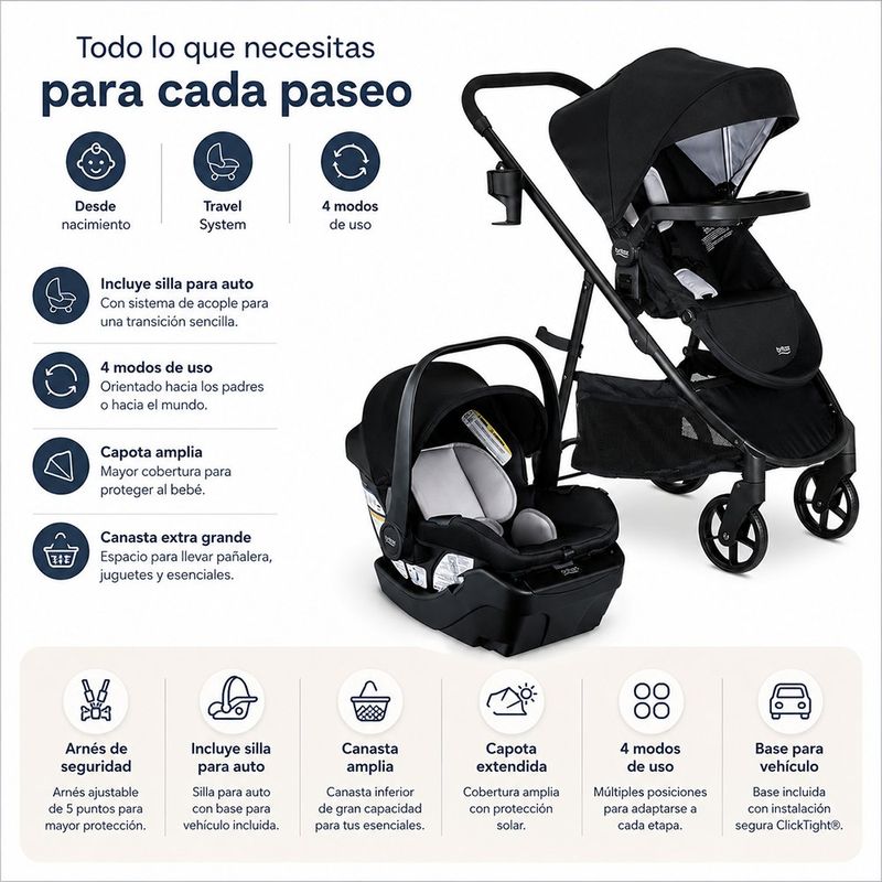Travel System Willow Brook Onyx 4 Modos con Portabebé, Base y Canasta Grande